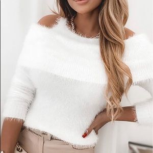 White fluffy cold shoulder sweater